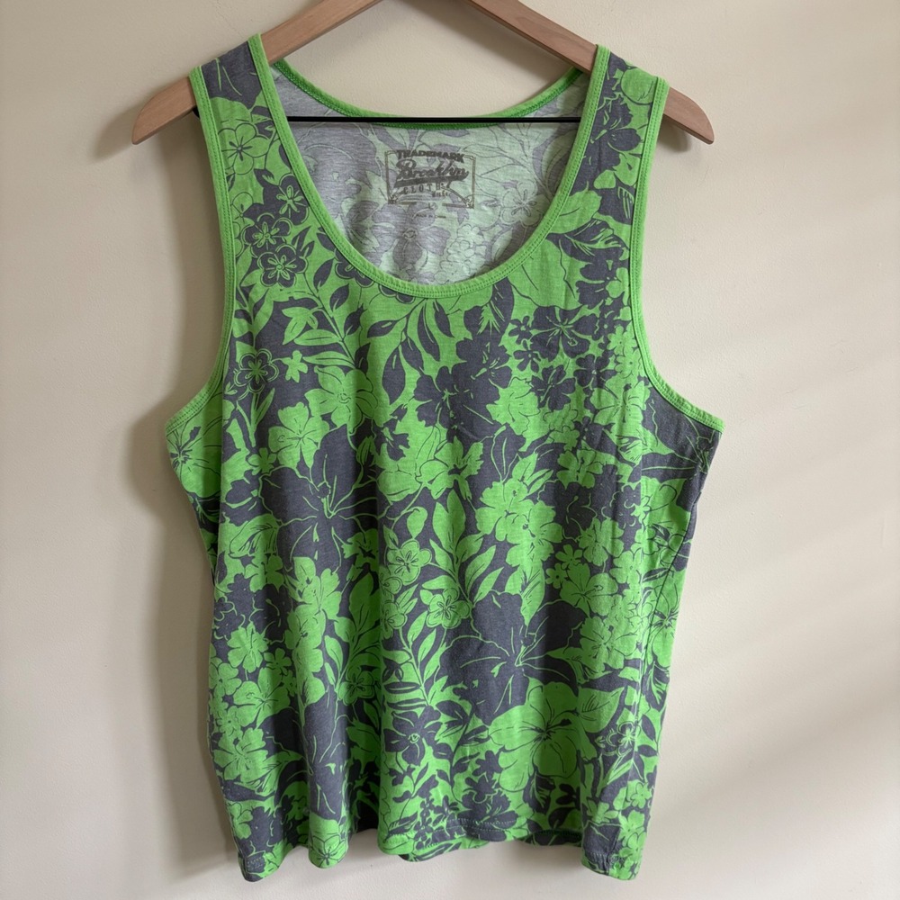 Brooklyn Cloth Mens Floral Tank Top Lime Green Grey Hibiscus Print Large